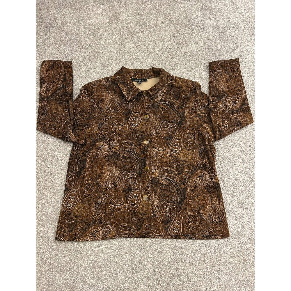 Briggs New York Paisley Button Up Top Womens Large Brown Excellent Long Sleeve